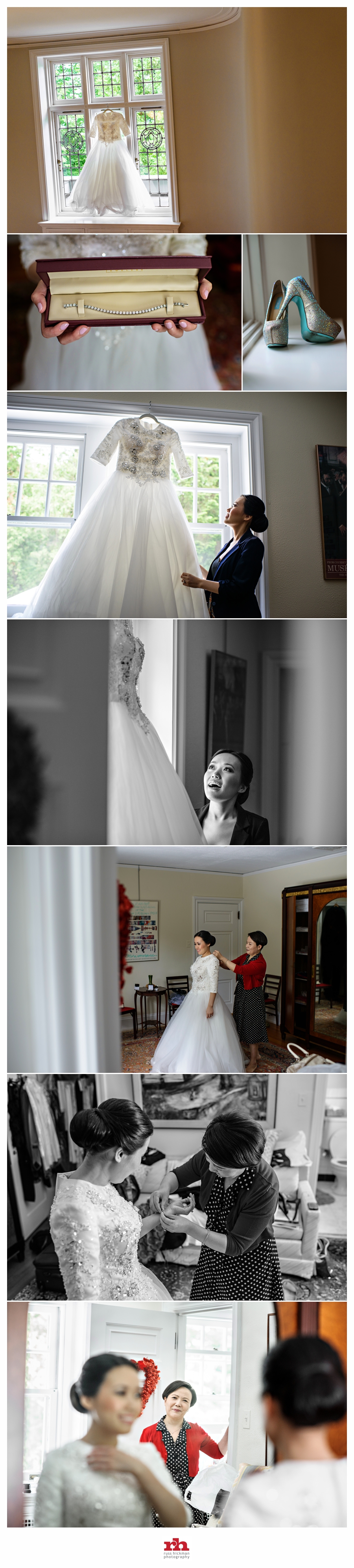 A bride puts on her wedding dress with the help of her mother before her Philadelphia Jewish Wedding.